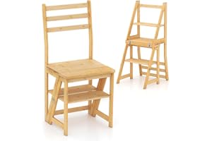 COSTWAY Tabouret Escabeau Pliable 3 en 1, Escabeau 3 Marches Convertible en Bambou, Coussinet Protection Pieds, 2 Boucles Verrouillage Latérales, 47 × 40 × 89 cm, Capacité 150 kg, Naturel