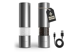 LARS NYSØM Electric Salt and Pepper Grinder Set I Automatic Salt and Pepper Mills with Adjustable Ceramic Grinder I USB Rechargeable Electric Spice Mill Set with LED Light (Stainless Steel)