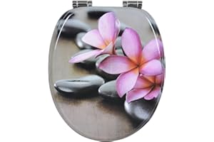 WOLTU Toilettendeckel O-Form aus MDF, mit Absenkautomatik, leicht zu reinigen, Blumenmotiv Grau