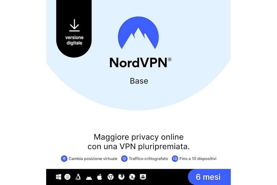 NordVPN Base, 10 Dispositivi, 6-Mesi, Software VPN Premium, Codice Digitale