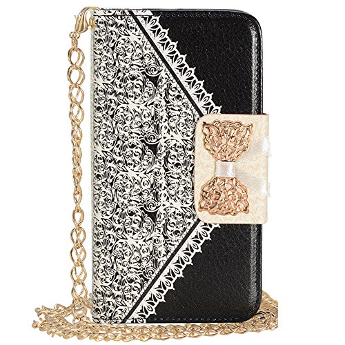 Uming® Gold Bow Lady Series PU Case [* for Sony Xperia Z3 *] with Bling Shiny Glitter Glanze Elegant White Lace Pattern Flip Holster with Stand Stander Holder Hand Free Credit Card Slot Wallet Hasp Magnet Magnetic Button Buckle Shell Protective Mobile Cell Phone Case Cover Bag - Black