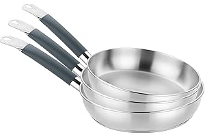 BRA Master - Set di padelle 20-24-28 cm, in acciaio inossidabile, senza antiaderente, senza PFOA, Full Induction, adatto a tutti i tipi di cucina, manico in acciaio inox rivestito in silicone