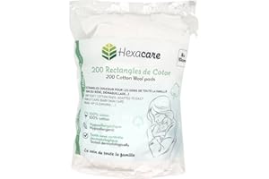 Hexacare - 200 Rectangles de Coton 8x10 cm | Ultra-Doux pour Bébé & Démaquillage | 100% Coton Naturel | Hypoallergénique & Testé Dermatologiquement