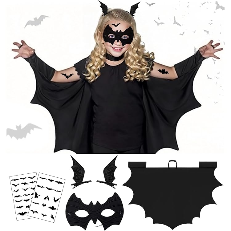 Kinder-Halloween-Umhang Mit Flügeln & Maske – 2-teiliges Set Aus Vlies, Verstellbar | Für Fledermaus-Kostüm, Cosplay & Mottopartys