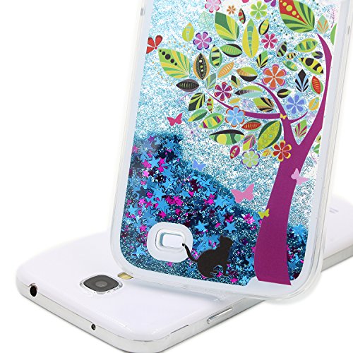 Für Samsung Galaxy S4 Hülle,Für Samsung Galaxy S4 Flüssigkeit Handyhülle,Funyye Luxus Luxuriös [Bunten Muster] Liebe Herzen Star Fließt Treibsand Durchsichtige Handytasche Glänzend Glitzer Diamond Diamant Fließen Flüssig Flüssigkeit Handyhülle Handy Hülle Case Tasche Crystal Case Durchsichtig Schutzhülle Etui Bumper Für Samsung Galaxy S4 + 1 x Frei Displayschutzfolie – Blau Glitter,Bunten Baum - 2