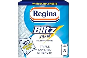 Regina Blitz Plus Household Towel – 8 Rolls per Pack, 80 Sheets Per Roll, 3 Ply, Triple Layered Strength, Household Paper Towels Made with Virgin Pulp, Paper Packaging, FSC Certified