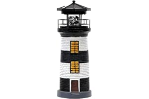 XJKLBYQ Lighthouse Solar Light Tall IP44 Waterproof Resin Lighthouse Lamp with 360 Degree Rotating LED Style Solar Lighthouse Light for Patio Lawn Yard Garden Decorations Black White, Lighthouse Gifts
