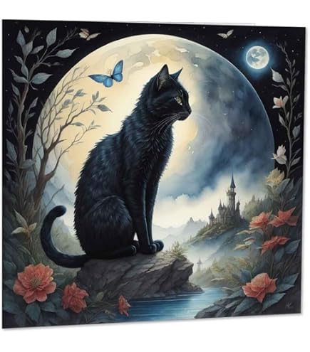 Artery8 Biglietto D'Auguri Bianco Con Gatto, Foresta E Luna, 17,5x12,5 Cm, Qualità Premium Per Compleanno