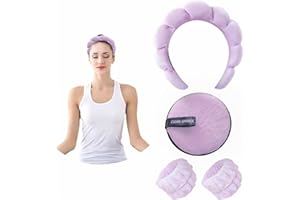 QZLSAYSL (Set di 4) Fascia da donna per la Spa, cuscino di lavaggio e 2 braccialetti assorbenti per la gestione della pelle ((Velluto) Viola scuro)