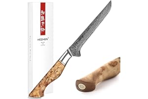 HEZHEN Couteau sans os, 15,5 cm, 67 couches, acier de Damas, manche en bois de sycomore Figaro avec boîte cadeau, série Master..