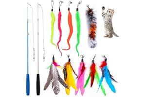 CUEMOON 12 sztuk zabawek z piórami dla kotów, interaktywne zabawki dla kotów, 2 interaktywne odwracalne różdżki, z 10 wkładami piór, interaktywne pióra, kot