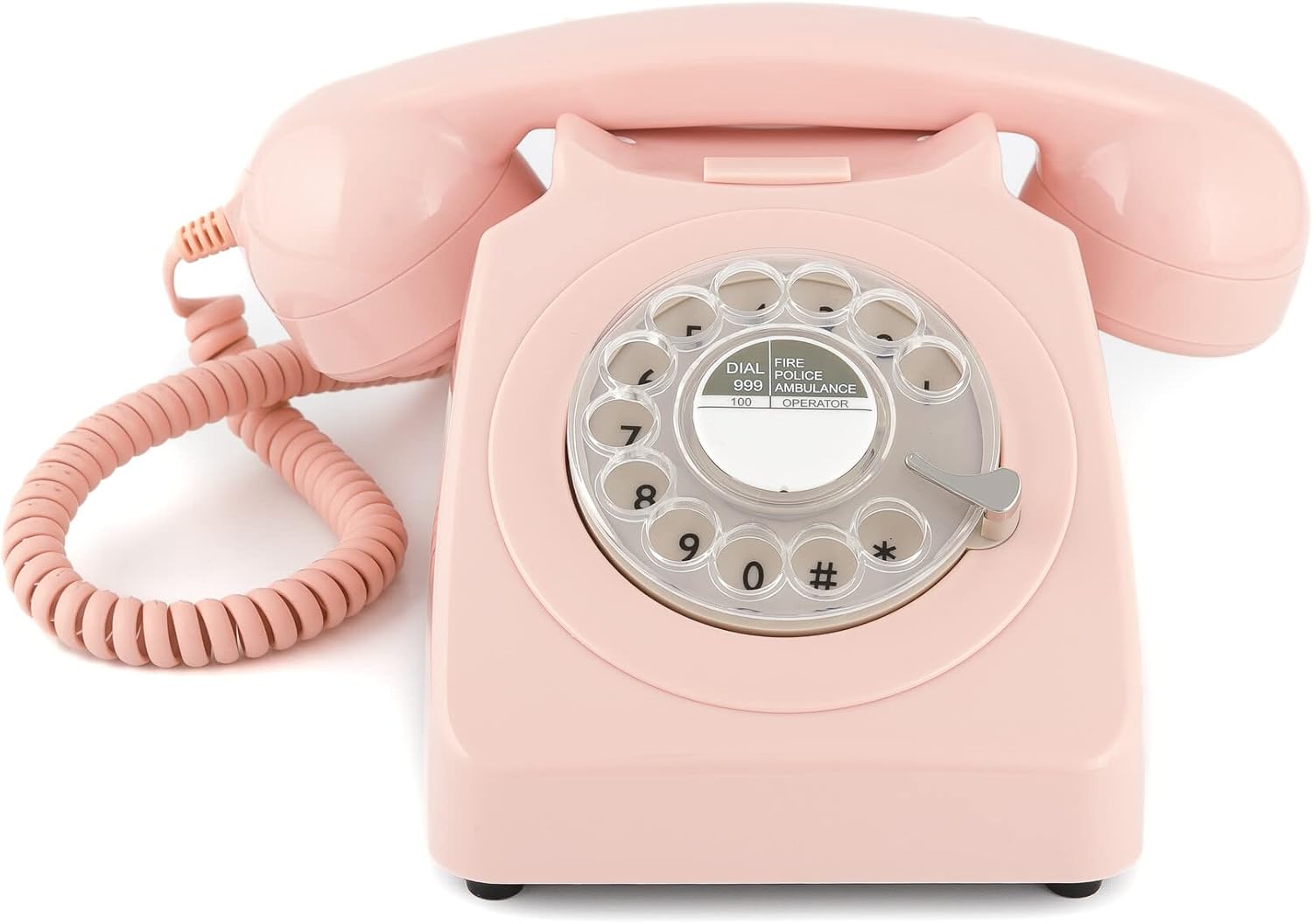 GPO 746 Teléfono fijo de disco con estilo retro de los años 70, cable en espiral y timbre auténtico - Rosa clavel