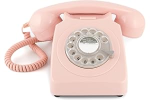 GPO 746 Téléphone fixe rétro de style années 1970 à cadran rotatif - Cordon extansible, sonnerie authentique - Rose