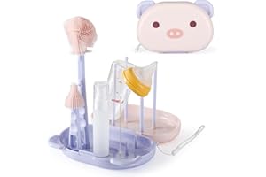 INSIMHEART 6 in 1 Baby Bottle Brush Set with Silicone Bottle Brush, Nipple Brush, Straw Brush, Soap Dispenser, Drying Rack and Storage Box, Portable Bottle Cleaner Brush Kit for Travel and Home, Purple