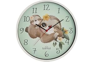 ‎MPM QUALITY MPM Quality Design Kinder Wanduhr aus Kunststoff, Made in EU, Weiß/Grün, Motiv Faultier, Quarz-Uhrwerk, Moderne Wanddeko, Runde Kinder Uhr, ∅ 250 x 20 mm, für Kinderzimmer, Kindergarten, die Schule