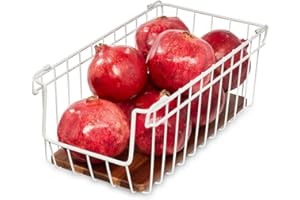 INTERDESIGN iDesign Organizer cucina con apertura frontale in metallo e legno d'acacia, Porta frutta da tavolo con manici, Organizer cucina salvaspazio per la credenza, bianco e naturale