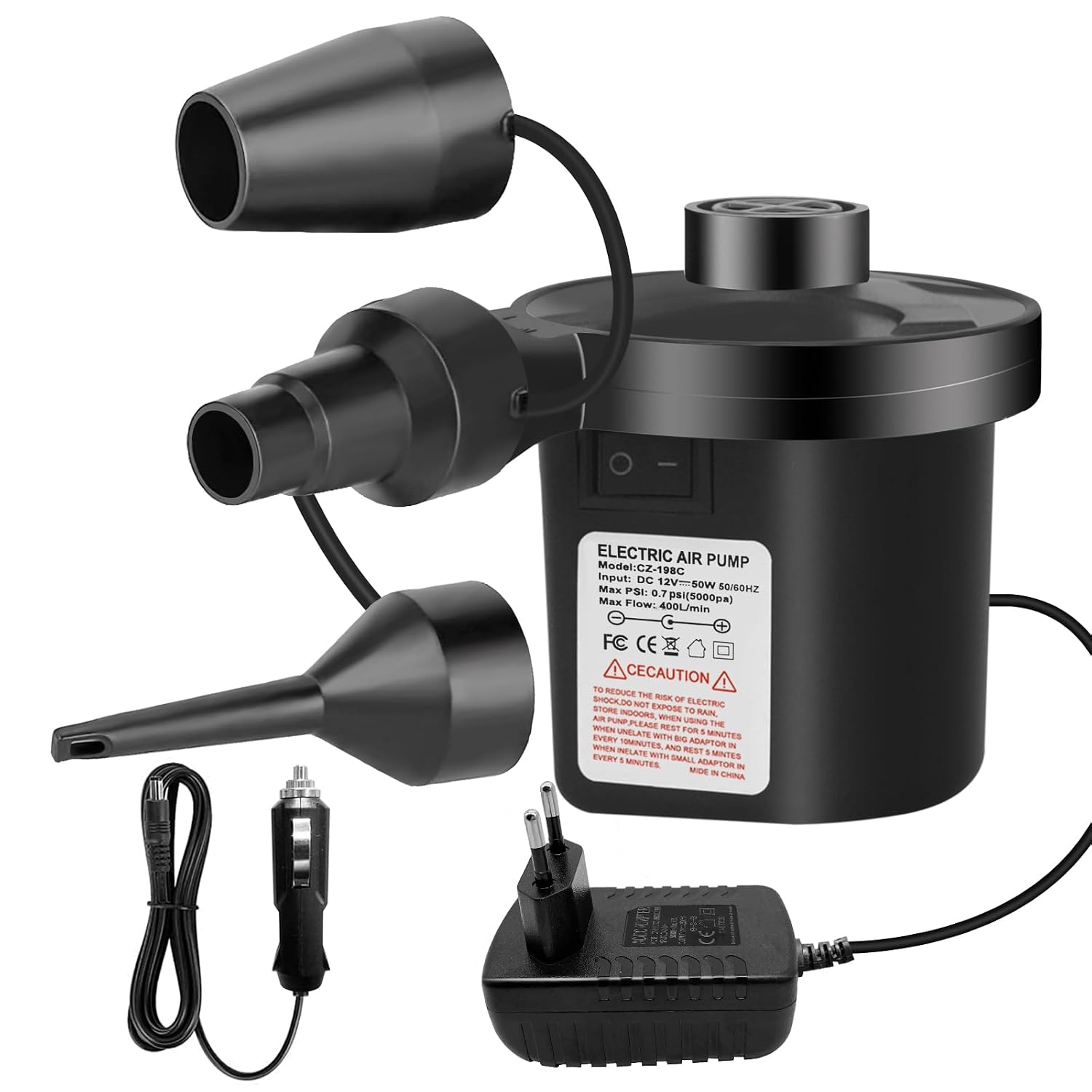 Pompa ad aria elettrica, pompa portatile a riempimento rapido per letto ad aria, 240V AC / 12V DC, 3 ugelli, pompa di gonfiaggio e sgonfiaggio, perfetta per il campeggio all'aperto,materasso ad aria