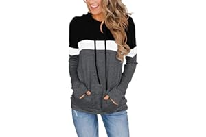 VIGVAN Damska bluza z kapturem, blok kolorów, sweter na co dzień, w paski, z długim rękawem, ze ściągaczem, górna część z kieszeniami