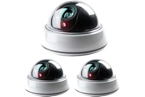 GAOUTO 3 cámaras falsas de vigilancia falsas con pegatinas, cámara falsa falsa, cúpula transparente con luz LED roja para pared o techo