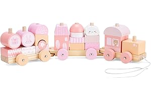 Navaris Trenino in Legno Trainabile - Locomotiva e Vagoni a Ruote Trainabili con Spago - Treno Giocattolo 20pz - Decorazione Cameretta Bambini - Rosa