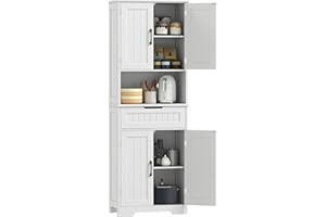 HOMCOM Credenza Cucina Alta, Mobile Dispensa con Foro Passacavi e Piano Portamicroonde, Mobile Cucina con 2 Armadietti, Cassetto, Ripiani Regolabili, per Sala da Pranzo, Soggiorno, 60x30x172cm, Bianco