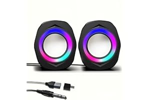 Elimavi PC Lautsprecher mit statischem RGB-Farblicht und Lautstärkeregelung, geeignet für Monitore, Laptop-Computer, Spiele, Desktop-Computer, 3,5 mm Audioeingang, USB-Stromversorgung, 1 Paar