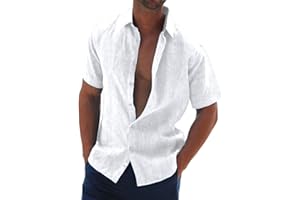 Halfword Uomo Camicia Lino Manica Corta Estiva Casual Risvolto Cotone Hawaiian Tinta Unita Vacanze Beach