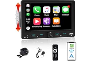 Alondy Autoradio 1Din mit 7 Zoll einstellbar Bildschirm, Kompatibel mit [Wireless] Apple CarPlay/Android Auto Bluetooth Typ-C USB(3A Schnellladung) AM/FM/RDS Radio Rückfahrkamera AUX SD