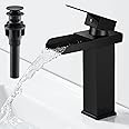 AIMOYO Waterfall Bathroom Sink Tap Black Basin Mixer Tap Single Lever Brass Mono Cloakroom Mixer Taps with Pop Up Drain, Cold and Hot Water Available