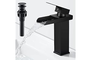 AIMOYO Waterfall Bathroom Sink Tap Black Basin Mixer Tap Single Lever Brass Mono Cloakroom Mixer Taps with Pop Up Drain, Cold and Hot Water Available