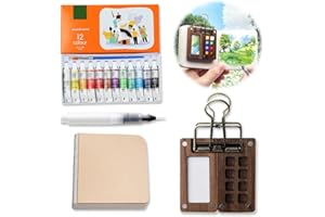 USPER Tragbare Gouache Farben Set, Mini Aquarell Paletten Set Holz Reise, Mini Palette Watercolor Reise Set Acrylmalerei Kommen Mit Aquarellpapier Journal, Aquarellpinsel Stifte Und EIN Clip (8 Gitter)