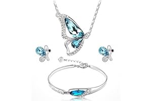 HMOOY Ensemble Bijoux Papillon, Argent Papillon Pendentif Collier Boucles D'oreilles Bracelet Ensemble pour Femmes Collier Papillon Strass Cristal Bleu Ajustable Bijoux Pierre Naissance