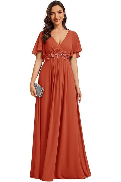 Vestito Cerimonia Donna Ever-Pretty | Spalle Scoperte Linea A | Chiffon Con Spacco E Volanti | Stile Impero - Foto 11