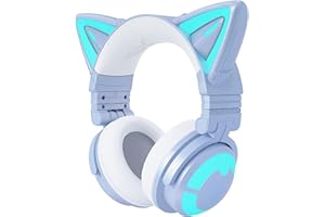 YOWU RGB Cat Ear Headphone Wireless 5.2 Foldable Gaming Headset with SoundMage Acoustic System, Built-in Mic & Customizable Lighting and Effect via APP, Designed for Gamer Girls (3G, Blue)