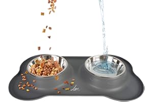 Ligo - Ciotole per Cani e Gatti di Piccola, Media e Grande Taglia, Ciotola Doppia in Acciaio Inossidabile Antiscivolo e Anti Goccia, Ciotola Cane con Tappetino in Silicone (M, GRIGIO)