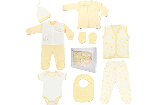 Blue Eyes Baby Coffret Naissance 8 Pièces en Coton Naturel 100% – Vêtements Bébé Unisexe Fille et Garçon 0–4 Mois (Jaune Étoile)