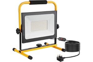 GLIROWY 70W LED Work Light 6200LM, IP65 Outdoor Construction Lighting with Detachable Stand, LED Floodlight with 220V-250V Plug and ON/Off Switch for Workshop Job Site Garage, 5M Wire, 6000K Cool White