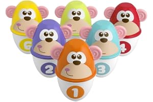 Chicco Monkey Strike Bowling Pins Children - Bowling Set med 6 separerbara stift, stapelbara i 12 stycken, ljusboll ingår - Spel och presenter för barn 18 månader - 8 år