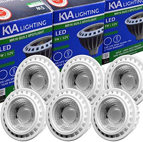KVA LIGHTING COB LED Light Bulb MR16 GU5.3, 5W 12V DC Only, Extra Bright 500 lumens, 5W to 50W, Non-Dimmable, 6000K Pure White Day Light - Pack of 6