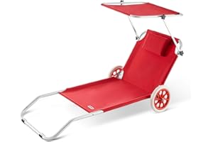 ‎CASARIA Casaria® Sonnenliege Klappbar mit Dach Strandliege mit Rollen Tasche Outdoor Klappliege Liegestuhl Abnehmbarer Sonnenschutz Liegestuhl 115kg Rot