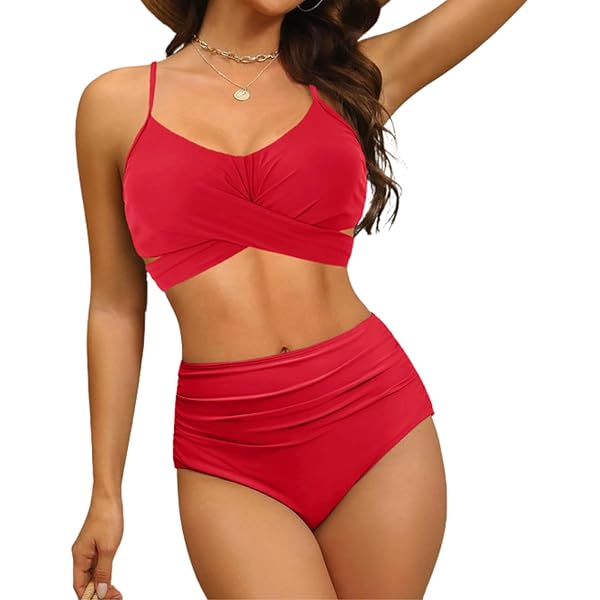 Nadeer Dames bikini set hoge taille tweedelig badpak elegante crossover bustier badmode V-hals push-up badpak, Mintblauwe print, S