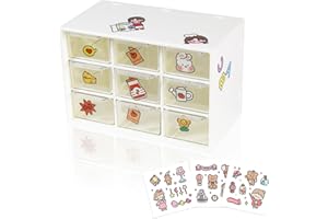HMIEPRS Small Plastic Desktop Storage Boxes with Transparent Drawer, 3 Layer 9 Drawers Art Craft Organizer with Cute Sticker Suitable to Store Cosmetics Jewelry Craft Stationery for Girl Women (White)