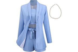 aromm Women's 3 Piece Office Work Suits Long Sleeve Blazer + Tied Shorts + Camisole Summer Casual Formal Outfits & Pearl Necklace