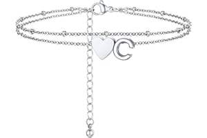 PROSTEEL Bracelet de Cheville pour Femme, Chaîne Double Couche en Acier Inoxydable avec des Charmes Cœur et Lettre, Chaîne de Cheville Ajustable de 22+5cm