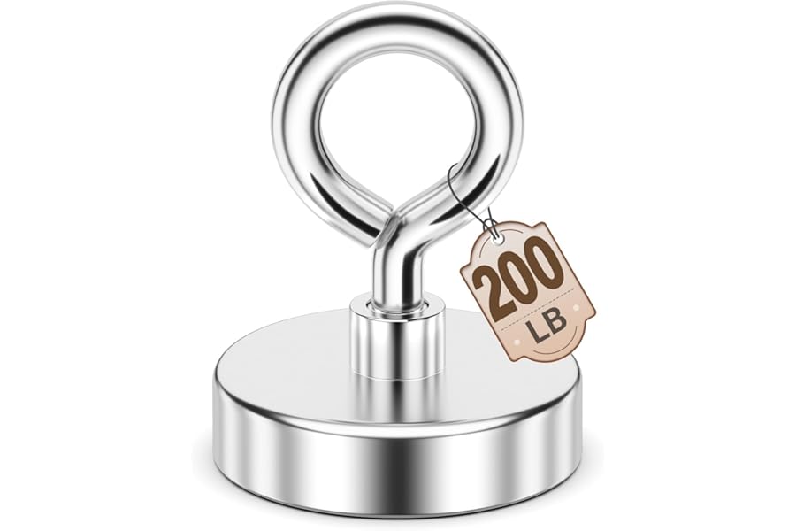 Fishing Magnets, 90 KG(200 LB) Pulling Force Strong Magnet Fishing, Neodymium Rare Earth Magnet with Lifting Eye-Bolt, Super Round Magnets for Retrieving Items in Lake, Beach -1.76 inch Diameter