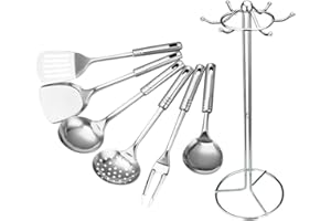 OUNONA 7Piezas Utensilios de Cocina Acero Inoxidable Set de Utensilios de Cocina Duraderos y No Stick Ligera y de Limpiar para Uso Diario