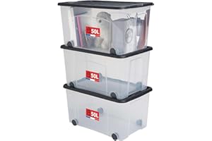 Sundis Ventilo, 3 cajas de almacenaje con ruedas, tapa negro, 50l, plástico transparente, apilables, ideales para guardar dormitorios, juguetes, oficinas, lavandería