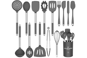 Umite Chef Küchenutensilien-Set, 15-teilig, Silikon, hitzebeständig, antihaftbeschichtet, BPA-frei, Edelstahl-Griff, Pfannenwender, Löffel, Zange, Schneebesen, Kochgeschirr