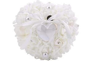 ALVINLITE Rose Heart Shaped Ring Box Crystal Rose Wedding Ceremony Ring Holder Pillow Cushion with Ribbon Romatic Wedding Ring Box Jewelry Case Ring(White)
