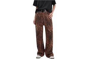 Yolimok Wide Leg Jeans for Women UK, Tan Leopard Print Jeans for Women UK Baggy Wide Leg Vintage Casual Y2K Grunge Pants Boyfriend Streetwear Pants with Pockets 8-18